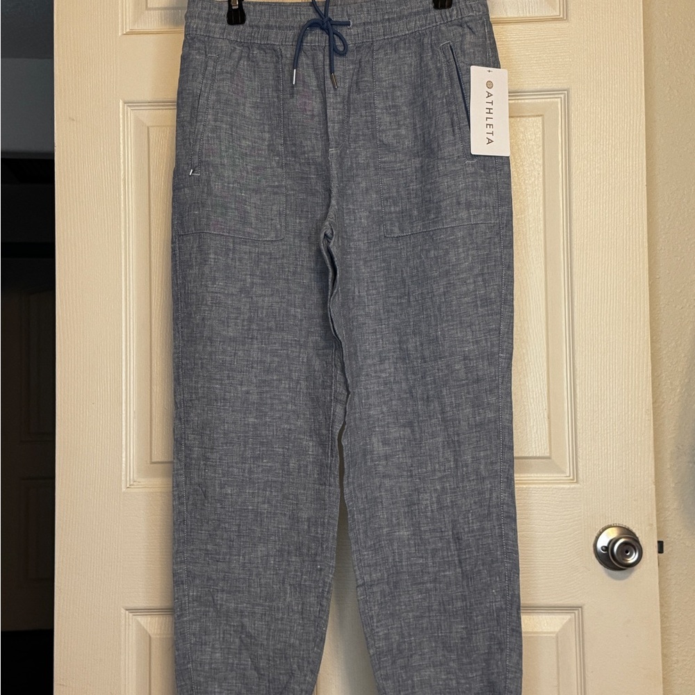 Athleta Women’s Cabo Linen Heathered Slate Blue Drawstring Joggers Pants Summer
